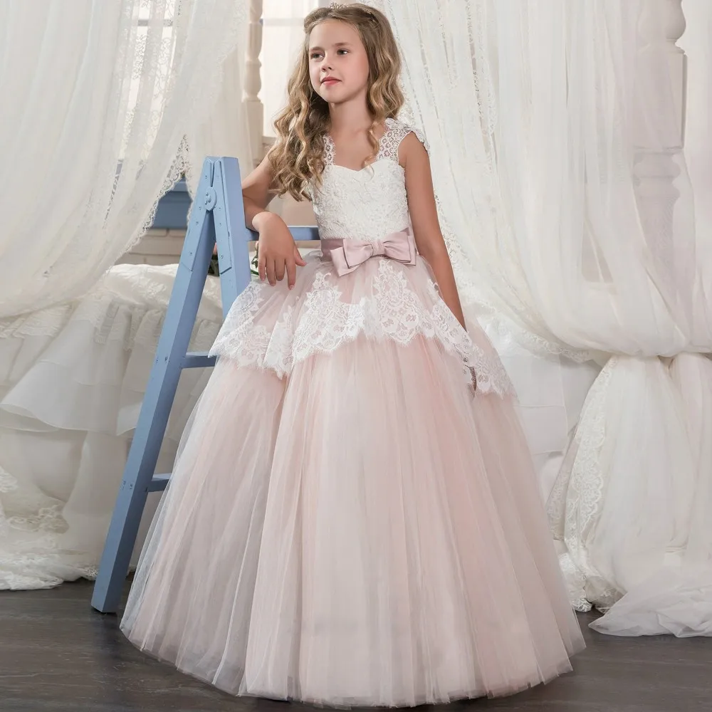 440 (1)Formal Pink Sash Lace Ball Gown Flower Girl Dresses Kids First Communion Cap Sleeve for Party Wedding Princess 17-440