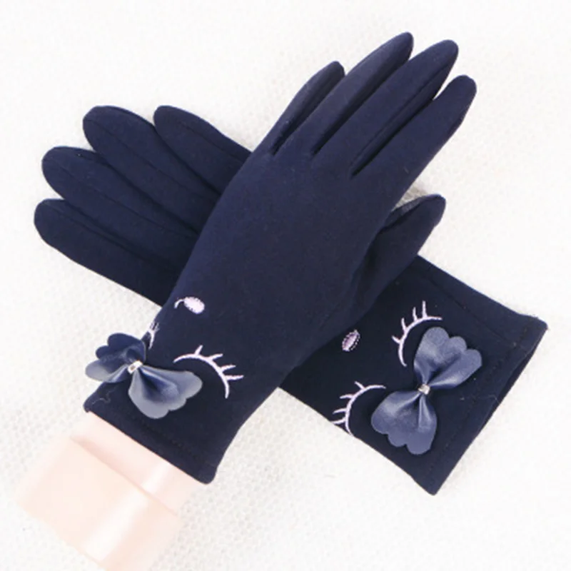 Зимние кашемировые милые женские перчатки с вышивкой лисы, тонкие теплые бархатные варежки, весенние ветрозащитные перчатки для езды на велосипеде E47 - Цвет: E46B Dark Blue