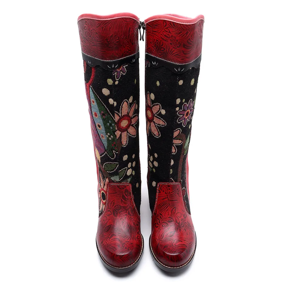 Fashion Patchwork Western Cowboy Boots Women Shoes Bohemian Genuine Leather Shoes Woman Vintage Side Zip Knee High Riding Boots (8)