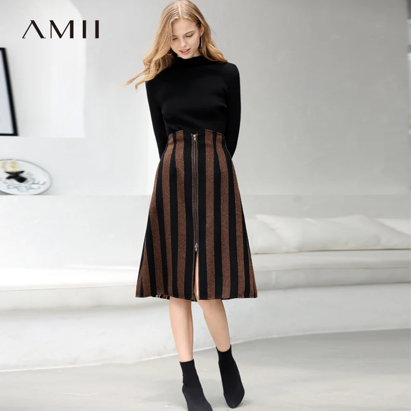 Женские винтажные полосатые юбки Amii Осенние офисные свободные средней длины на