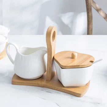 

Ceramic Sugar Bowl Spice Jar And Cream Pitcher Set With Bamboo Tray And Spoon Kitchen Accessories For Home Hotel