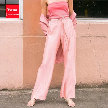 

Casual Wide Leg Pants Women Drawstring Loose Satin Trousers Women's High Waist Bow Stylish Pants Female Streetwear Pants Femme