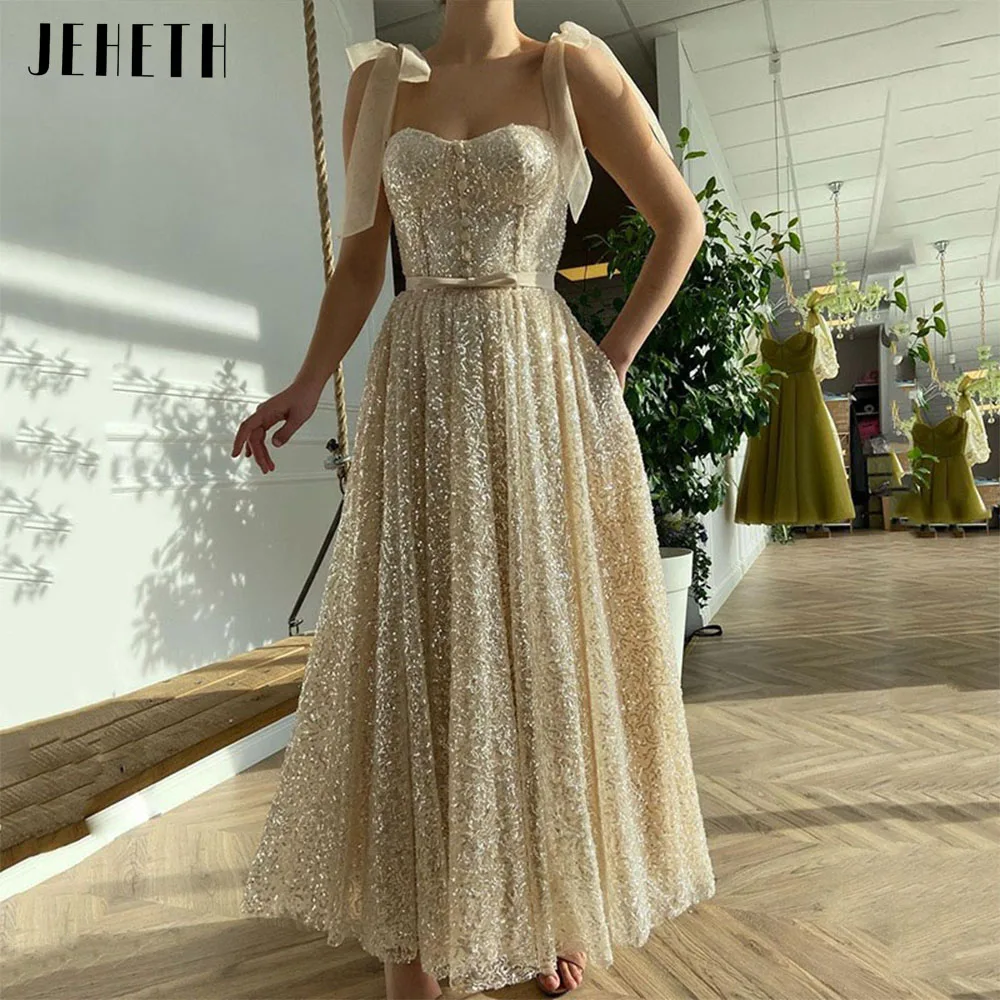 JEHETH Champagne Sheer Bow Straps Sequined Sweetheart Prom Dresses Glitter Evening Celebrate Gown with Pockets Ankle Length 2022