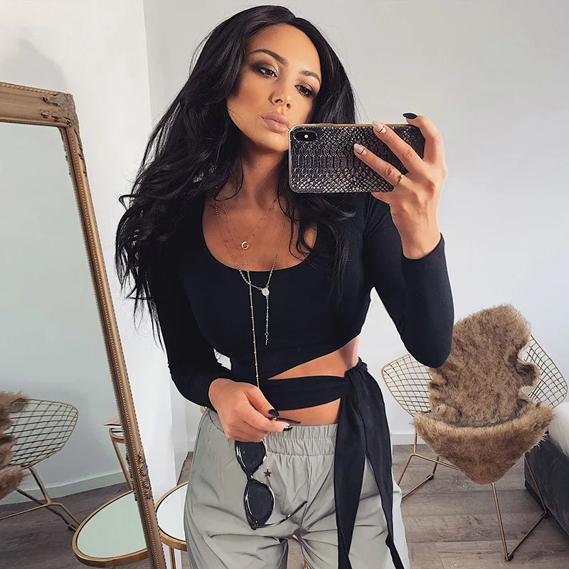 Autumn Winter Women Unique Design Hollow Out Bandage Crop Tops Solid Color Long Sleeve U-neck Personality Ladies Skinny T-shirt | Женская