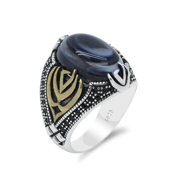 

Male Ring 925 Silver Ring Natural Agate Stone Black Zircon Stone Punk Vintage Style Hands Fashion Party Ring Fine Jewelry