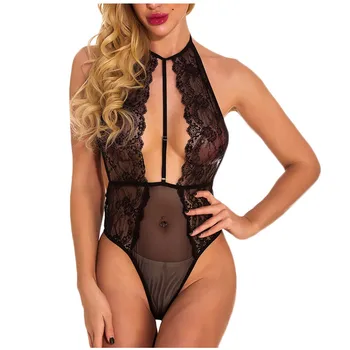 

New Erotic Lingerie Women's Bodysuits Deep V-Neck Transparent Lace Sexy Bodycon Bodysuit Halter Backless Temptation Jumpsuit S-L