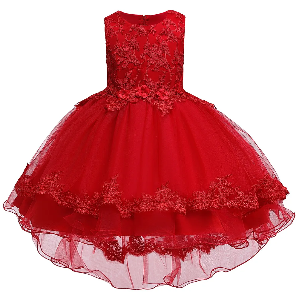 Рождественское пышное платье принцессы для девочек; вечернее платье на свадьбу; платье-пачка с цветочным узором для девочек; детская праздничная одежда со шлейфом - Цвет: Красный