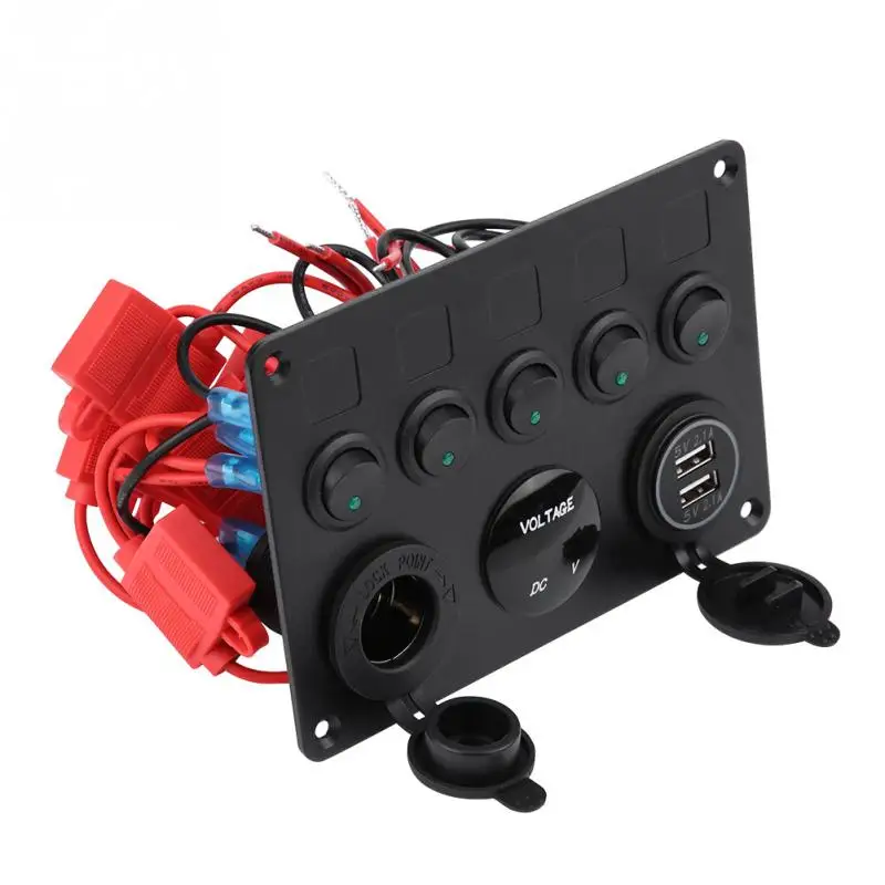 12-24V 5 Gang ON-OFF Toggle Switch Panel Dual USB Socket Charger LED Voltmeter 12V Power Outlet for