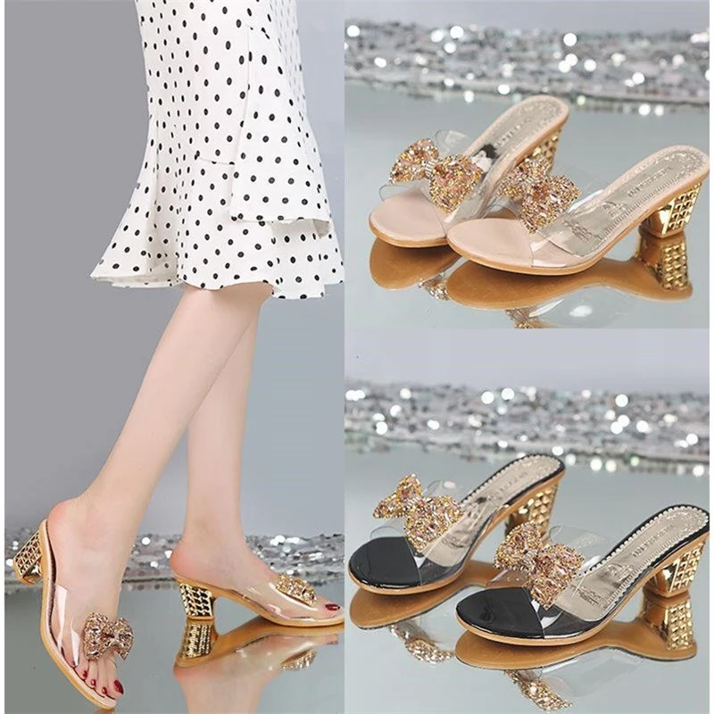 Sandalias de tacón con cristales de imitación para mujer, zapatos de tacón cuadrado, sexy, transparente, pumpl, Verano - Imagen 5