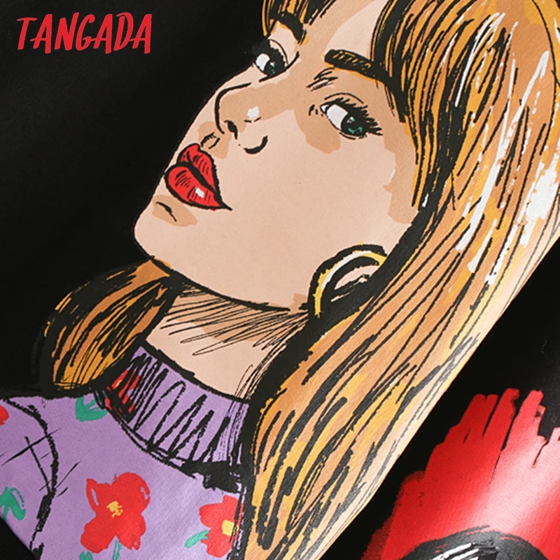 Tanie Tangada kobiety charater drukuj czarne bluzy oversize z długim rękawem O neck luźne swetry casual bluzki damskie CE209