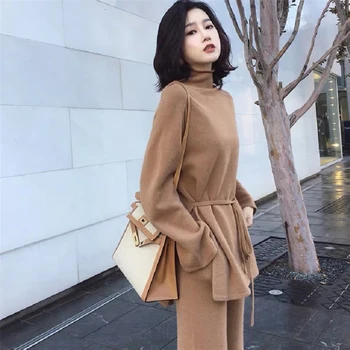 

Women Two Piece Pant Kintted Turtleneck Sweater 2020 Autumn Winter Runway Fashion Casual Pants Suit Top+Pants Knit Pullover Sets