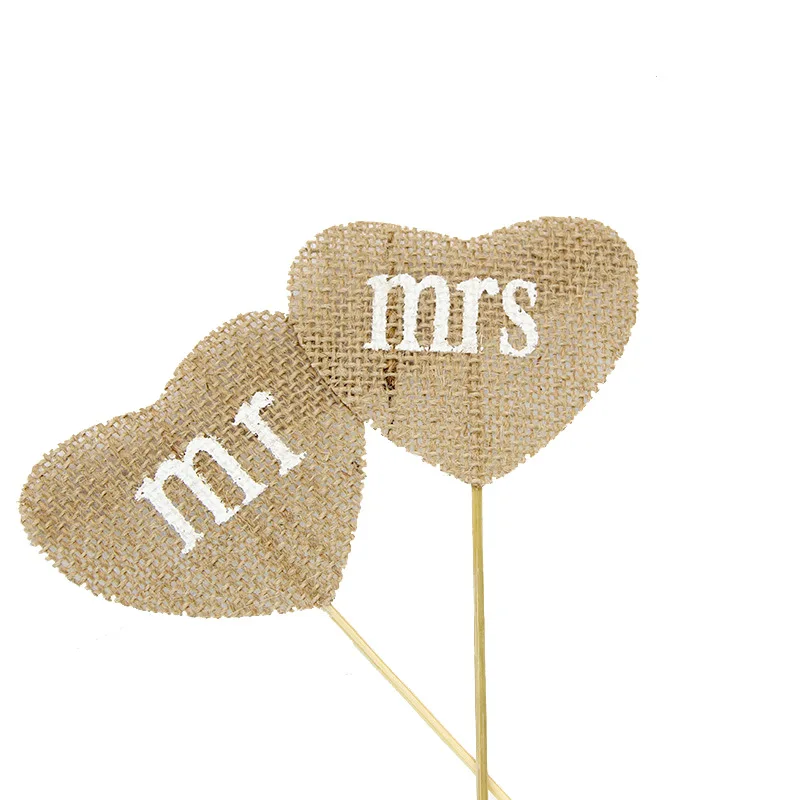 2 шт./компл. Mr& Mrs в форме сердца Флаг натуральный джут, джутовая ткань, мешочная ткань флаги для винтажных Свадебные украшения в деревенском стиле рождественские аксессуары