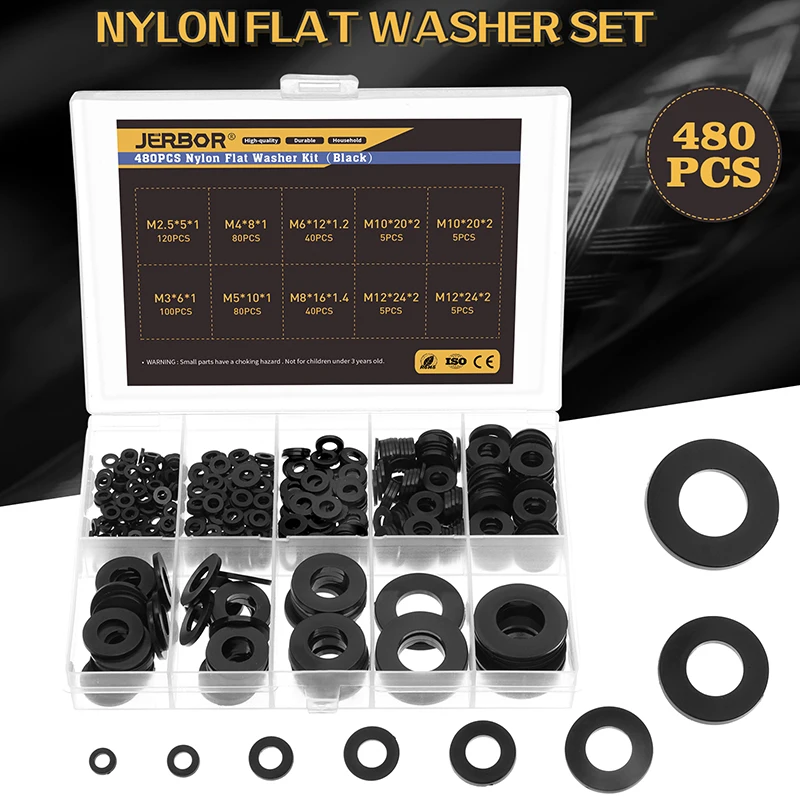 480 x Black Nylon Flat Washer Assorted Kit for M2.5 M3 M4 M5 M6 M8 M10 M12 Screw 