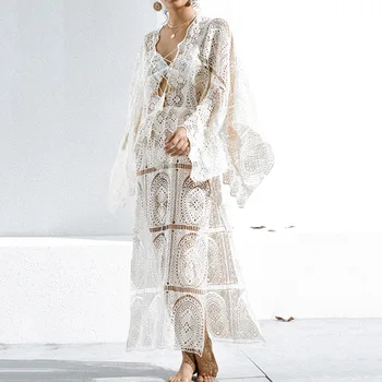 

White Hollow Loose Summer Beach Dress Women Sexy Lace Up V-Neck High Split Party Long Dresses Holiday Long Sleeve Sundress 2020