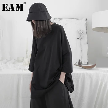 

[EAM] Women Black Brief Big Size Long T-shirt New Round Neck Three-quater Sleeve Fashion Tide Spring Summer 2020 1T664