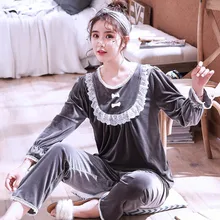 Зимние женские золотые бархатные пижамы; одежда для сна; футболка с длинными рукавами симпатичная пижама костюм из 2 предметов домашний обслуживание по всему миру Штаны Домашняя одежда для сна