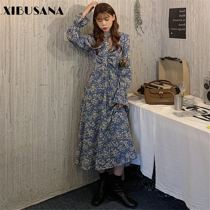 

XIBUSANA Autumn V-Neck Receive Waist Slim Dress Lady Floral Print Flare Sleeve ChiffonPleat Wrinkle Dresses Female Plus Size 4XL