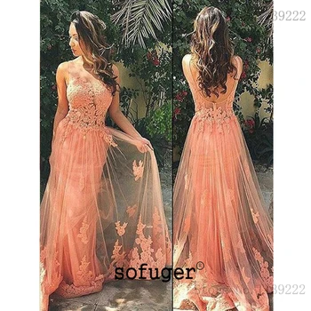 

Orange Sexy Backless Scoop Tulle Evening Dresses Prom Lace Appliques Long Arabic Special Occasion Robe De Soiree