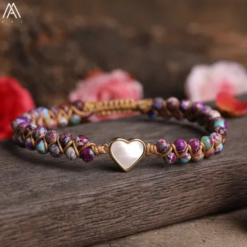 

Natural White Shell Lightning Heart Moon Charms Bracelet 4mm Round Lapis Sea Sediment Jaspers Beads Braided Friendship Bracelet
