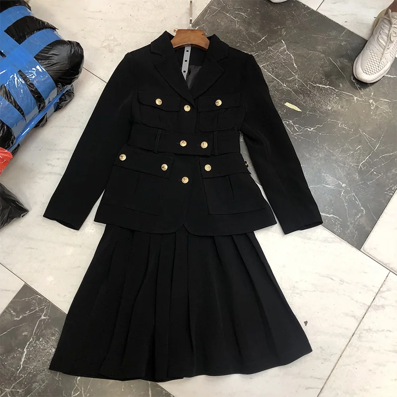 black OL золотой комплект с юбкой на одной пуговице, куртка+ плиссированная юбка, комплект из двух предметов для женщин, весна-осень, костюм, комплект из двух предметов - Цвет: black