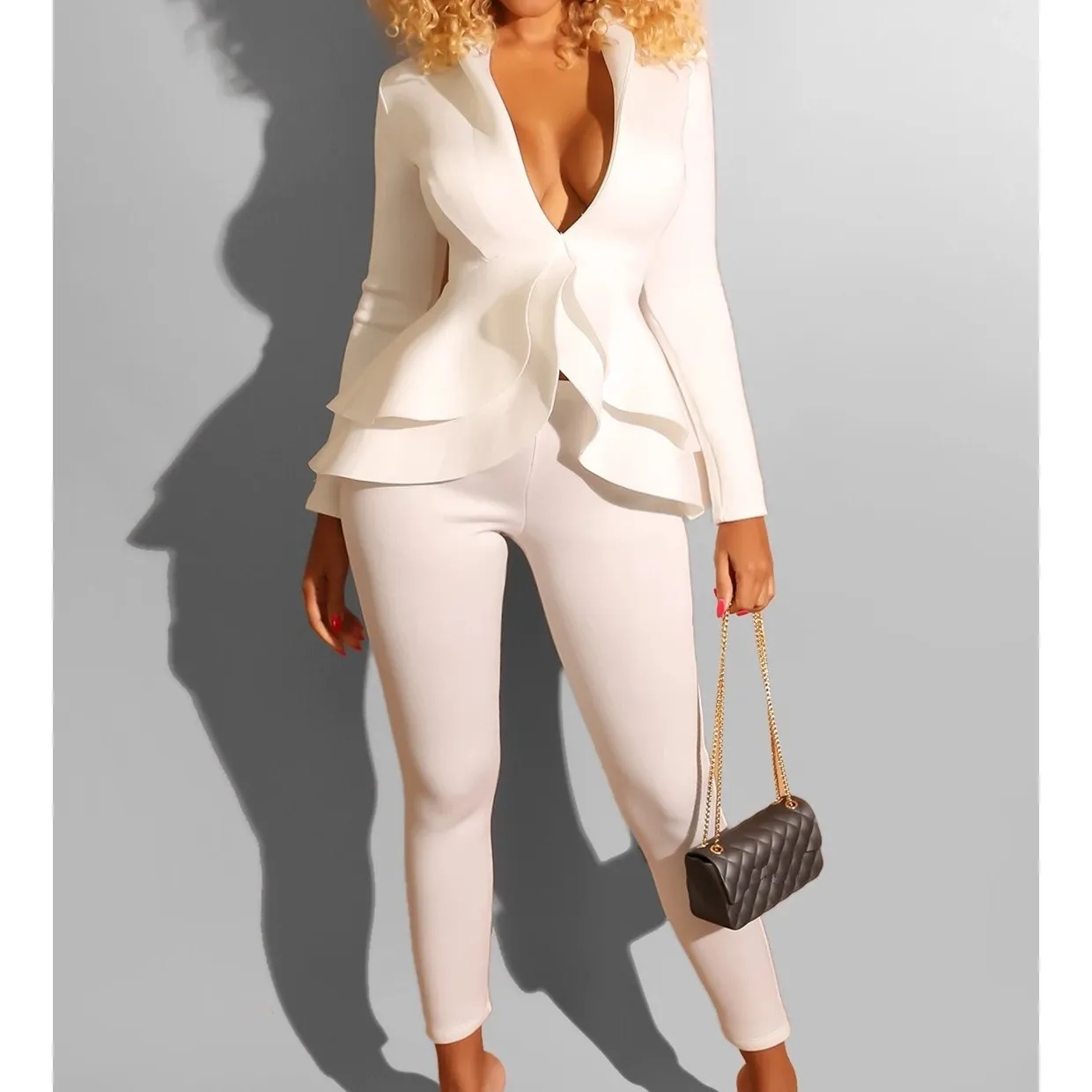 

Women Deep V-Neck Tops And Pencil Pants Two Piece Set Autumn Solid Long Sleeve High Waist Slim Suit Casual Outfits