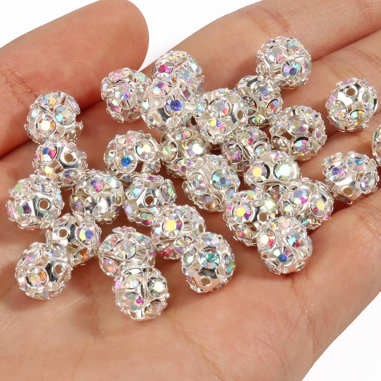 50 Stk/partij 6Mm 8Mm 10Mm Ab Kleur Rhinestone Ball Vorm Losse Kralen Metalen Kristal Kralen Voor Sieraden maken Diy Accessoires