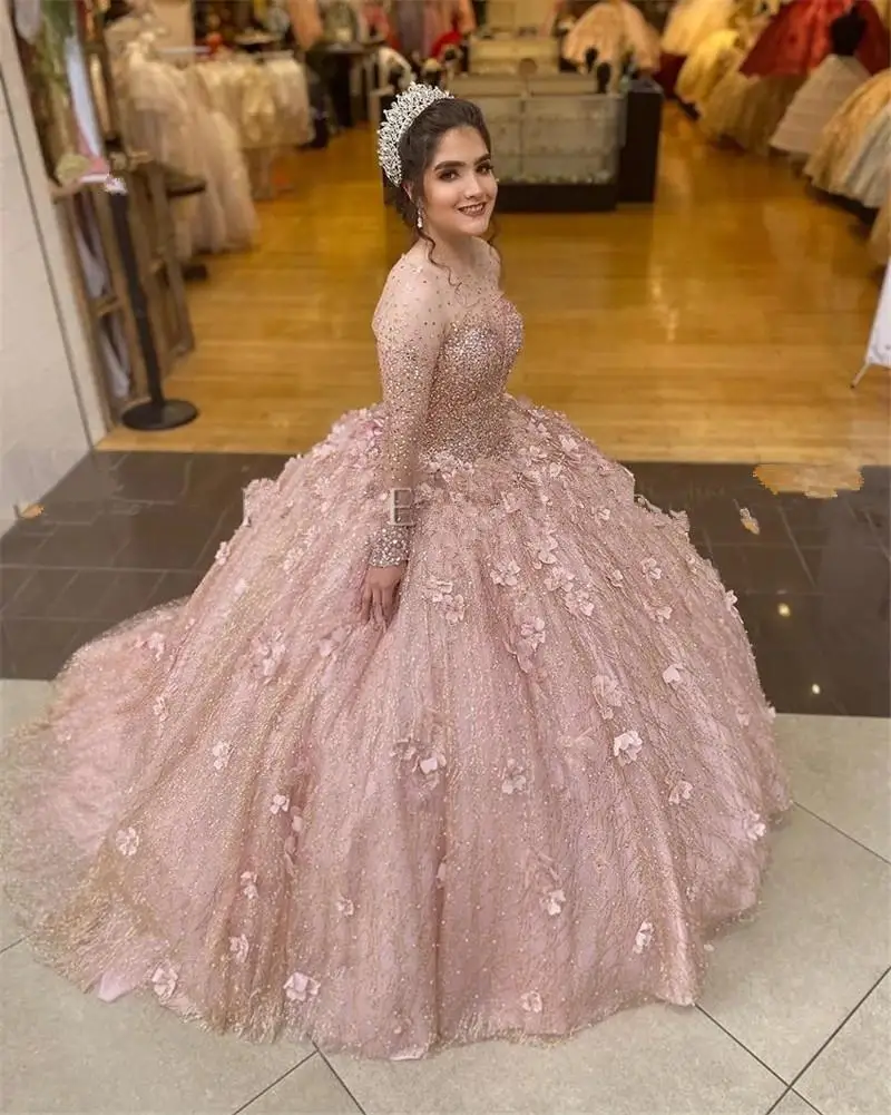 

2022 Blush Pink Sparkly Sequined Ball Gown Quinceanera Dresses Bridal Gowns Illusion Lace up corset Long Sleeves Sweet 16 Dress