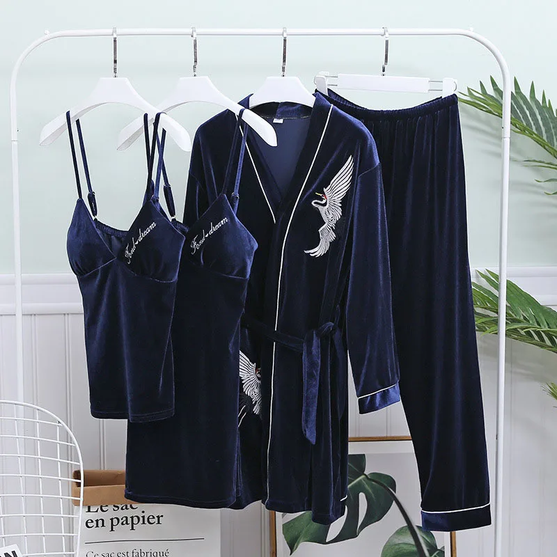 Женские пижамы зимние золотые бархатные пижамы комплект из 4 предметов сексуальное домашнее обслуживание с длинным рукавом Женское ночное белье домашняя одежда пижамы - Цвет: Navy
