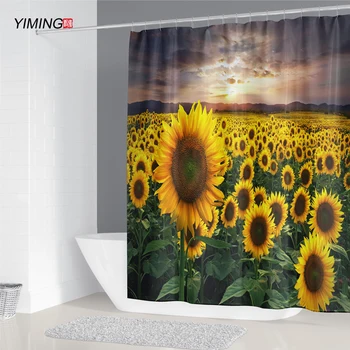 

Beautiful sunflower flower printed shower curtain waterproof and mildew bathroom decorative curtains can be washed with hooks