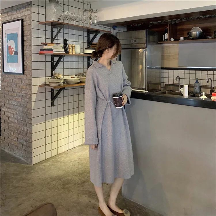 RUGOD элегантное однотонное вязаное длинное платье-свитер женское модное свободное платье с отложным воротником винтажное платье