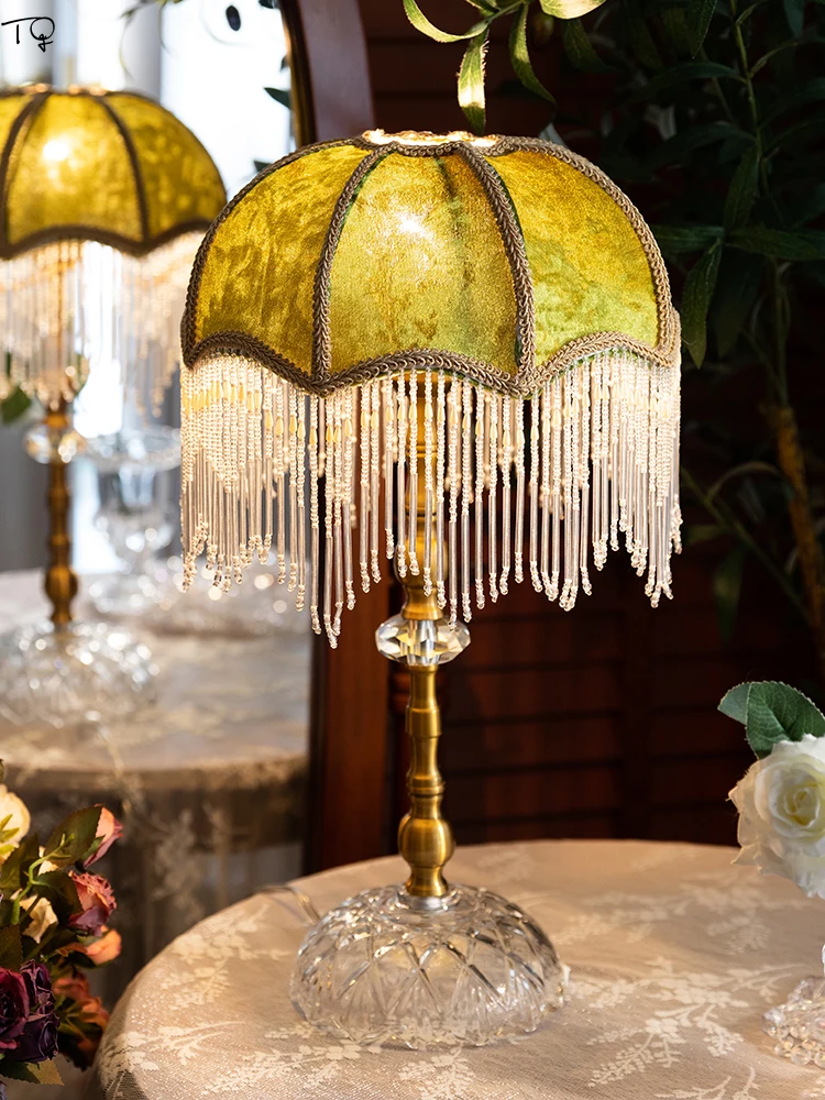 French Design Retro Vintage Green Tassels Table Lamp Luxury Crystal Desk  Lights Bedside Living/Kids/Girl's Room Coffe Tables Bar