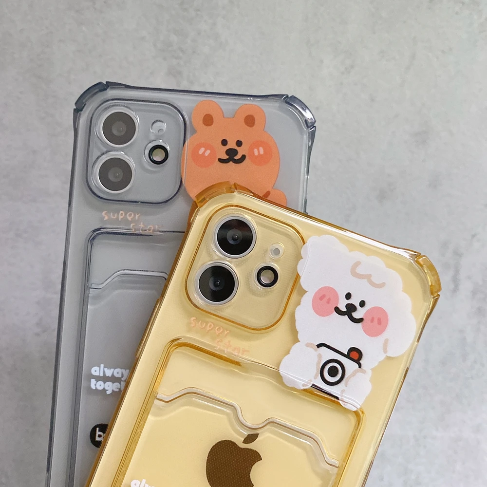 Cute cartoon bear Shockproof Silicone Lens Protection Phone Case For iPhone 12 11 Pro Xs Max SE 2 X Xr 7 8 Plus Card Back Cover