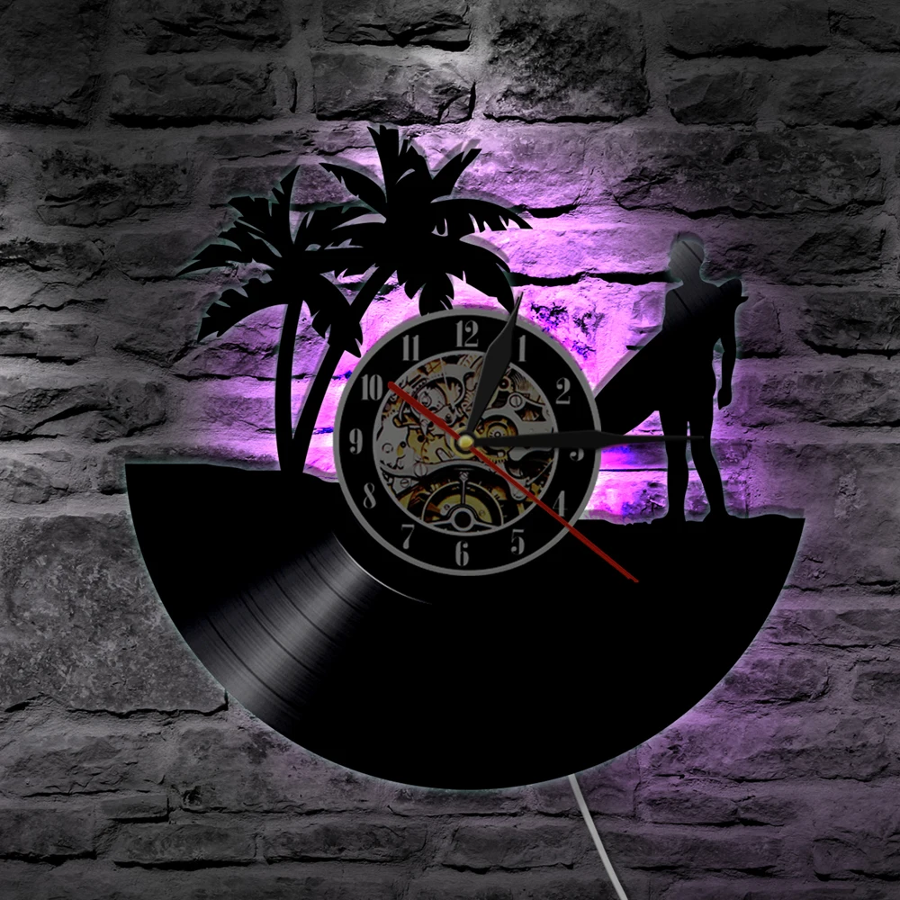 Hawaii Surfing Wall Art Clock Personalized Vinyl Record LP Modern Design Living Room Decoration Surfer Gift Idea | Дом и сад
