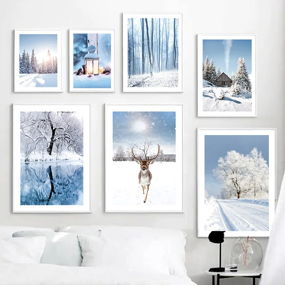 Winter Snow Sunlight Forest Lake Deer Cabin Nordic Posters And Prints Wall Art Canvas Painting Pictures For Living Room Decor