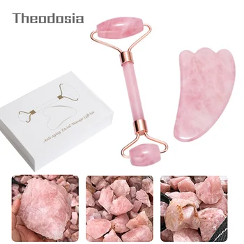

Dropshipping Rose Quartz Massage Roller Gouache Scraper for Facical Massage 100% Natural Jade Guasha Scraper Face Massage Roller