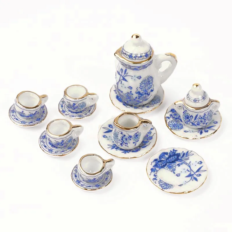 1:12 Dollhouse Porcelain CHINA Tea Set Dining Ware Blue Flower 15PCS DC108 