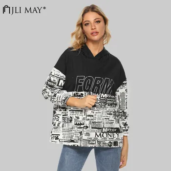 

JLI MAY Print Letter Hooded Sweatshirt Autumn Winter Patchwork Drop-shoulder Pullovers Casual Minimalist Women Streetwear