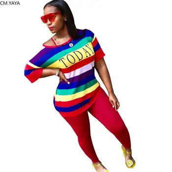 

Autumn Sporting Women set Rainbow Striped Letter Print T-shirt Skinny Pencil Pants Suit Two Piece Set Elegant Tracksuit GL136