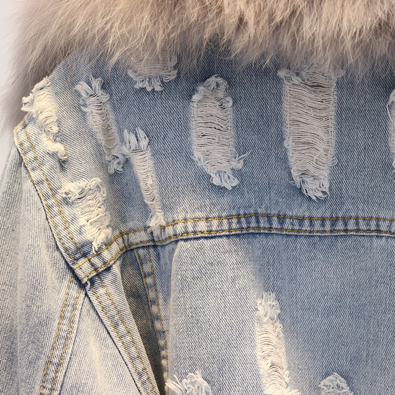 Зимняя модная женская теплая куртка из натурального Лисьего меха с воротником из натурального кроличьего меха, джинсовая куртка Женская Толстая Свободная джинсовая куртка, пальто