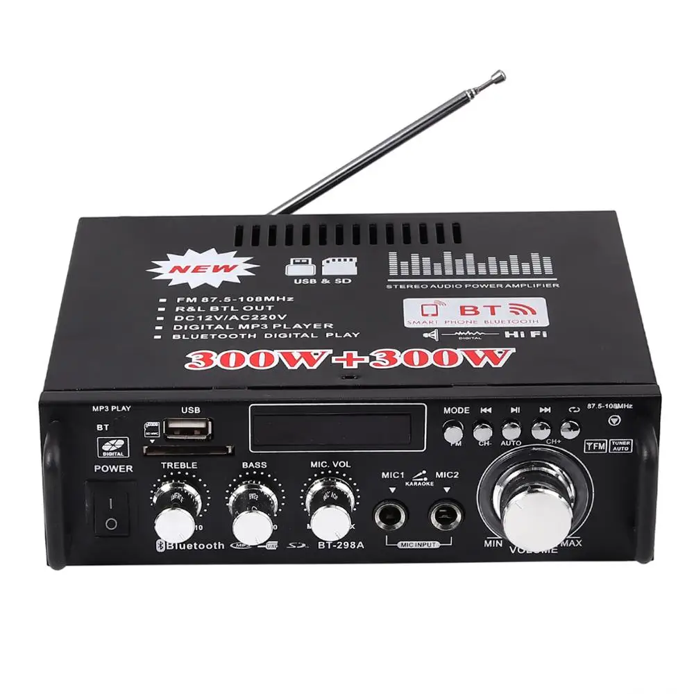 Proster 600W Bluetooth Stereo Audio Amplifier Car Home HiFi Music SD USB FM 12V/220V 80W + 80W Car