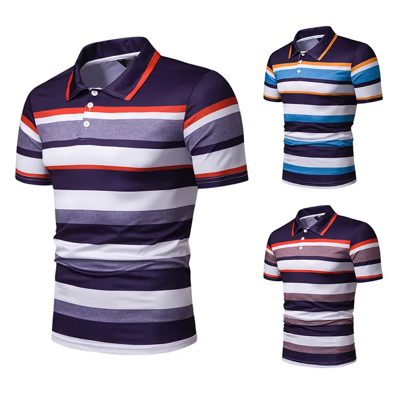 

2020 New Style Summer MEN'S Short-sleeved T-shirt Men's Contrast Color Stripes Slim Fit Fold-down Collar Leisure T-shirt Pl43
