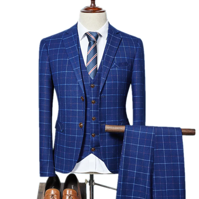 

3 Pieces Suits Set / 2018 Fashion New Men's Casual Business Plaid 2 Button Suit Blazers Jacket Trousers Waistcoat Pants Vest