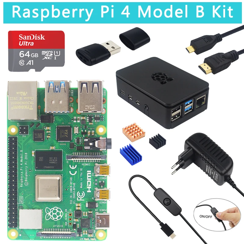 

Original Raspberry Pi 4 Model B Kit + ABS Case + 32 64GB SD Card+ Power Adapter + Fan+ Heat Sink + HDMI Cable for Raspberry Pi 4