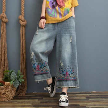 

Spring Ripped Holes Casual Wide Leg Jeans Women Ethnic Embroidery Washed Harem Denim Oversize Vintage Straight Pants Mujer