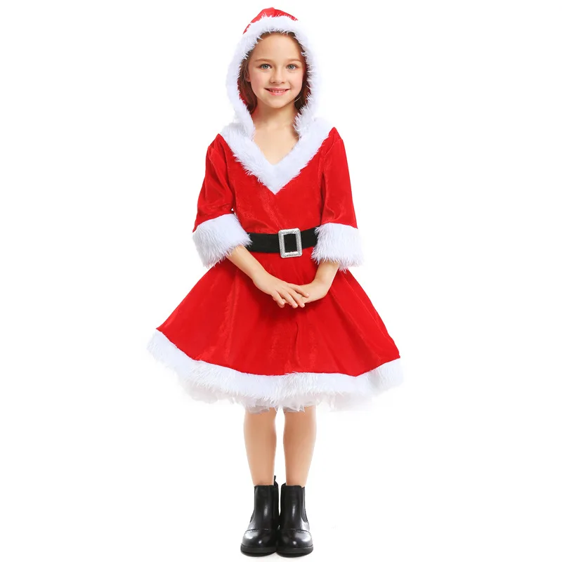Disfraces de Papá Noel para niñas, traje de alta calidad con cinturón con capucha, rojo blanco, vestido de Navidad - AliExpress Novedad y uso especial