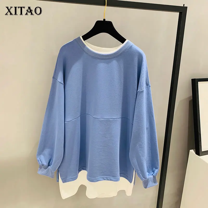 

XITAO Tide False Two Pieces Simple Sweatshirt Women Fashion Match All Patchwork Pullover Ladies Tops Clothes 2019 Autumn WQR1603