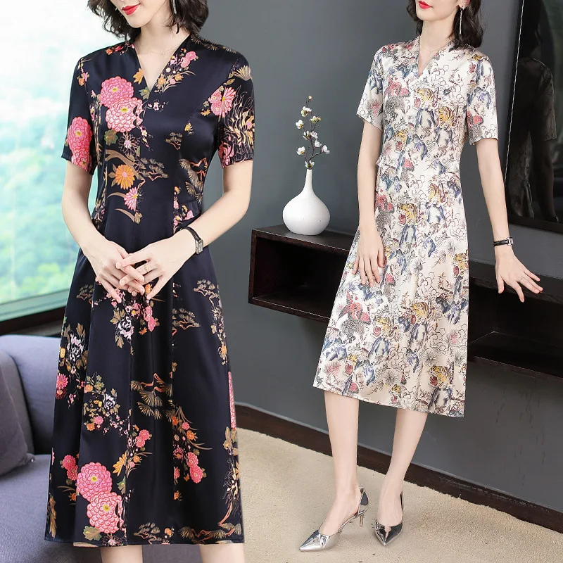 

Fashion Silk Dress Women's 2019 New Style Summer Silk Large Size Middle-aged Mom Satin Important Mulberry Silk Skirt
