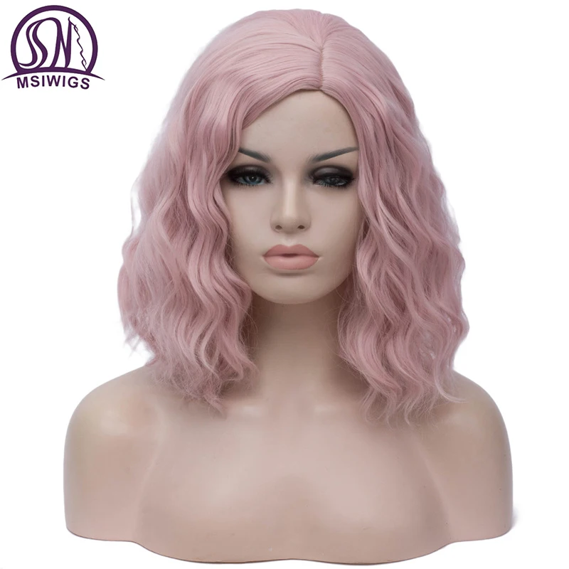 Цена MSI Wigs женские розовые парики Короткие вьющиеся термостойкие 14 дюймов Синтетические волосы зеленый парик для черно белых женщин косплей боб ...