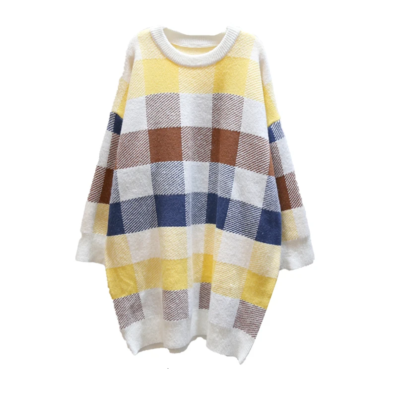 [EWQ] Autumn Winter New Pattern Round Collar Long Sleeve Plaid Knitting Pullovers Casual Sweater Women 19C-a70-15-0 - Цвет: white