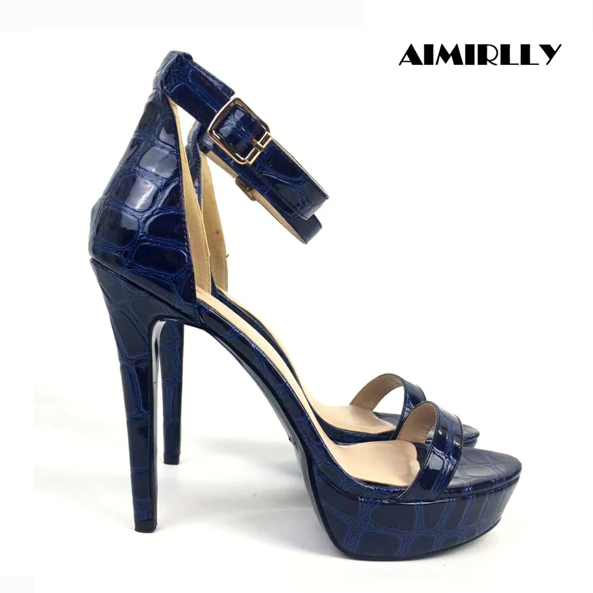 

Aimirlly Summer Women Shoes Party Wear Peep Toe High Heels Platform Sandals Cover Heels Ankle Buckle Stone Pattern Wine Red Blue